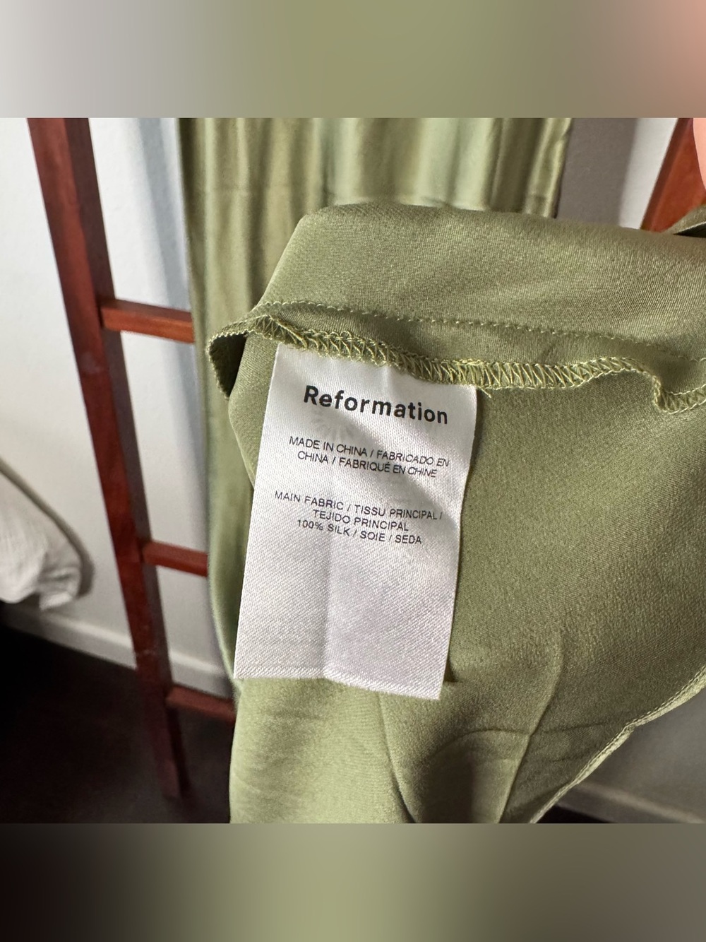 Reformation Daytona 100% Silk Midi Dress Artichoke Green V-Neck - Picture 7 of 10